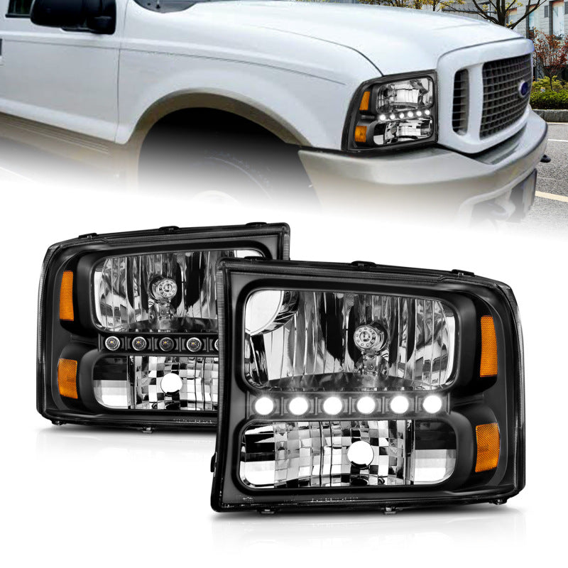 ANZO 2000-2004 Ford Excursion Crystal Headlights Black w/ LED 1pc - Burkken Auto Parts