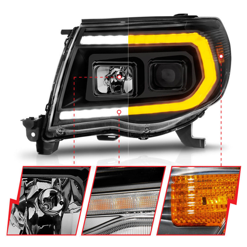 ANZO 05-11 Toyota Tacoma Projector Headlights w/Light Bar Switchback Black Housing - Burkken Auto Parts