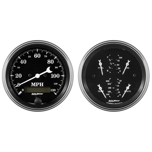 Auto Meter Gauge Kit 2 pc. Quad & Speedometer 3 3/8in Old Tyme Black - Burkken Auto Parts