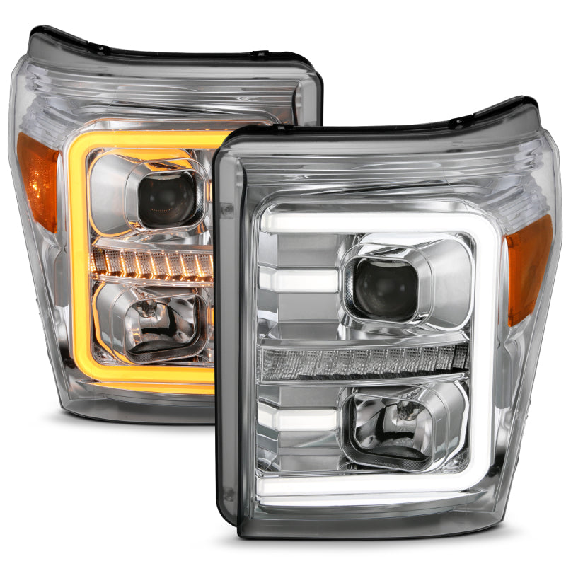ANZO 11-16 Ford F-250/F-350/F-450 Projector Headlights w/ Plank Style Switchback Chrome w/Amber - Burkken Auto Parts