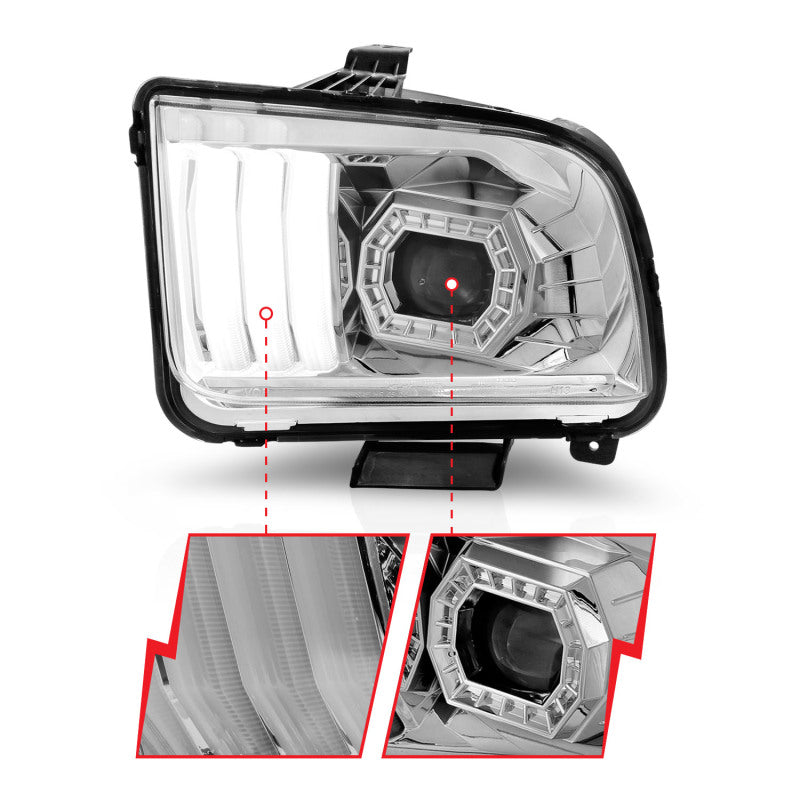 ANZO 05-09 Ford Mustang (w/Factory Halogen HL Only) Projector Headlights w/Light Bar Chrome Housing - Burkken Auto Parts