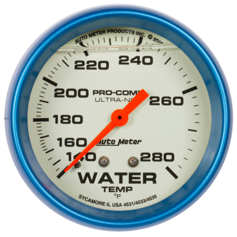 AutoMeter Gauge Wtemp 2-5/8in. 140-280 Deg. F Liq Filld Mech 4ft. Glow In Dark Ultra-Nite - Burkken Auto Parts