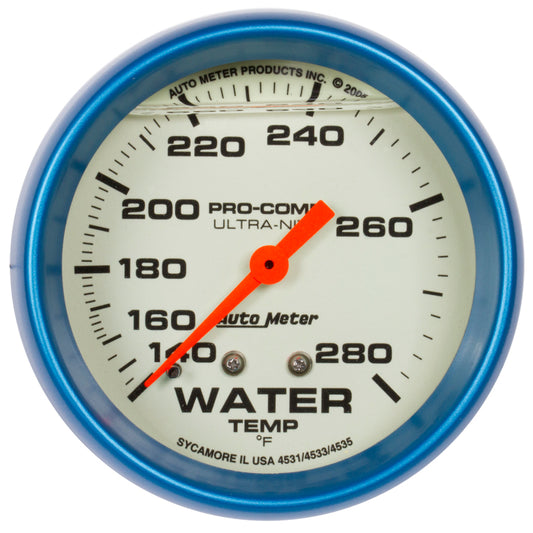 AutoMeter Gauge Wtemp 2-5/8in. 140-280 Deg. F Liq Filld Mech 4ft. Glow In Dark Ultra-Nite - Burkken Auto Parts