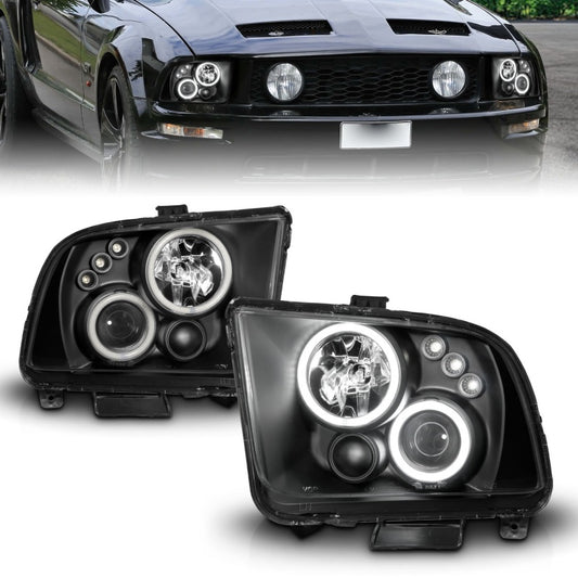 ANZO 2005-2009 Ford Mustang Projector Headlights w/ Halo Black - Burkken Auto Parts