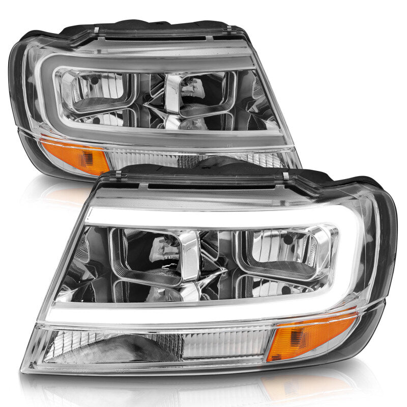ANZO 1999-2004 Jeep Grand Cherokee Crystal Headlights w/ Light Bar Chrome Housing - Burkken Auto Parts