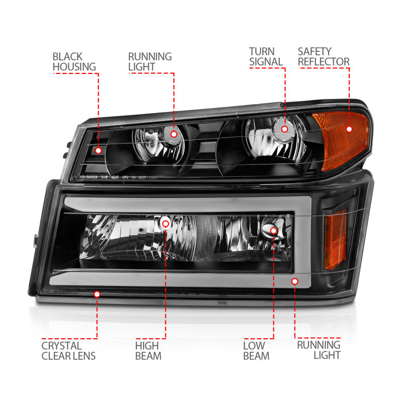 ANZO 04-12 GM Colorado/Canyon/I-Series Crystal Headlights - w/ Light Bar Black Housing 4pcs - Burkken Auto Parts