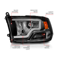 ANZO 2009-2018 Dodge Ram 1500 Crystal Headlights w/ Light Bar Black Housing - Burkken Auto Parts