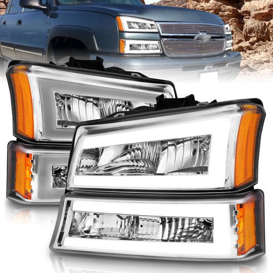 ANZO 2003-2006 Chevrolet Silverado 1500 Crystal Headlights w/ Light Bar Chrome Housing - Burkken Auto Parts