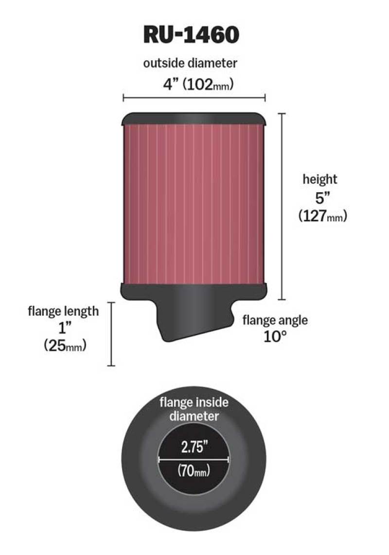 K&N Filter Universal Rubber Filter 2 3/4 inch 10 Degree Flange 4 inch OD 5 inch Height - Burkken Auto Parts