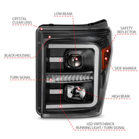 ANZO 2011-2016 Ford F250 Projector Headlights w/ Plank Style Switchback Black w/ Amber - Burkken Auto Parts