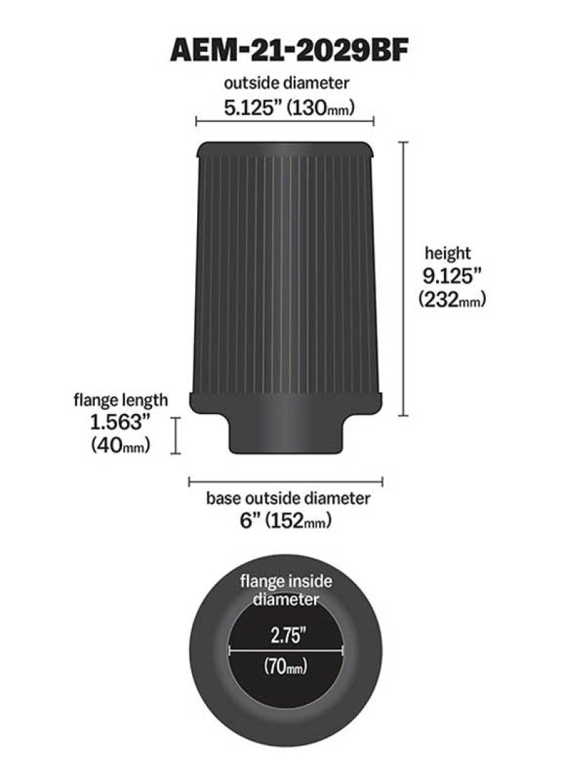 AEM Dryflow Conical Air Filter 2.75in Flange ID / 6in Base OD / 5.125in Top OD / 9.125in Height - Burkken Auto Parts