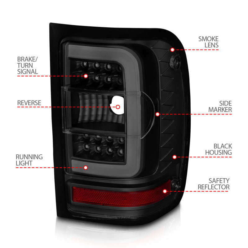 ANZO 01-11 Ford Ranger LED Taillights - Black Housing w/ Smoke Lens & Light Bar - Burkken Auto Parts
