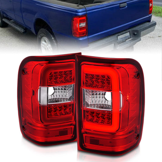 ANZO 2001-2011 Ford  Ranger LED Tail Lights w/ Light Bar Chrome Housing Red/Clear Lens - Burkken Auto Parts