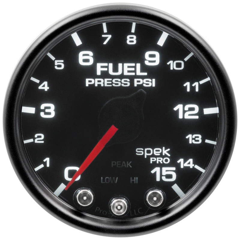 Autometer Spek-Pro Gauge Fuel Press 2 1/16in 15psi Stepper Motor W/Peak & Warn Blk/Smoke/Blk - Burkken Auto Parts