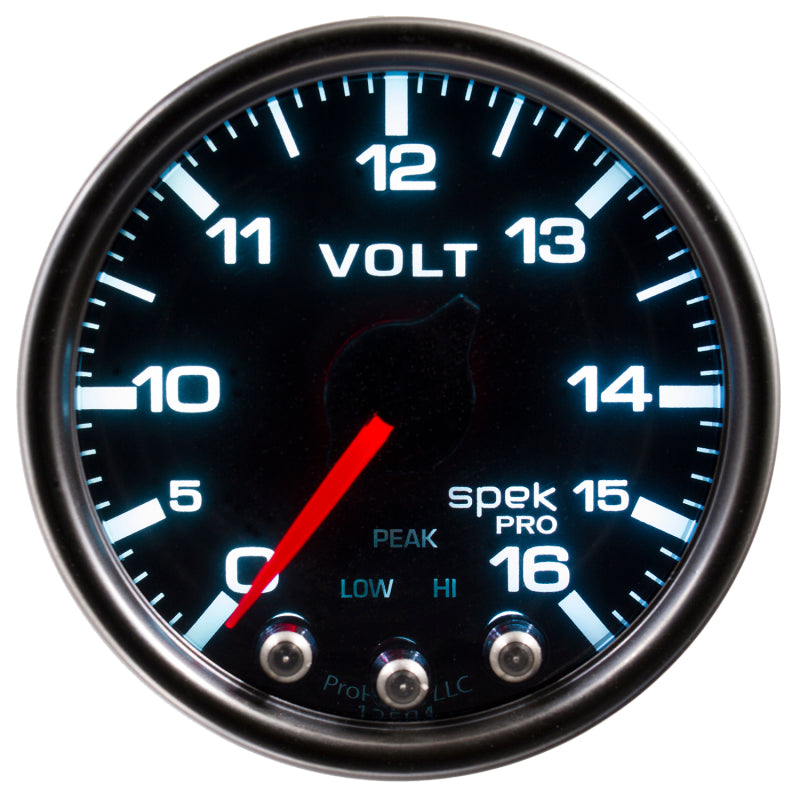 Autometer Spek-Pro Gauge Voltmeter 2 1/16in 16V Stepper Motor W/Peak & Warn Blk/Smoke/Blk - Burkken Auto Parts