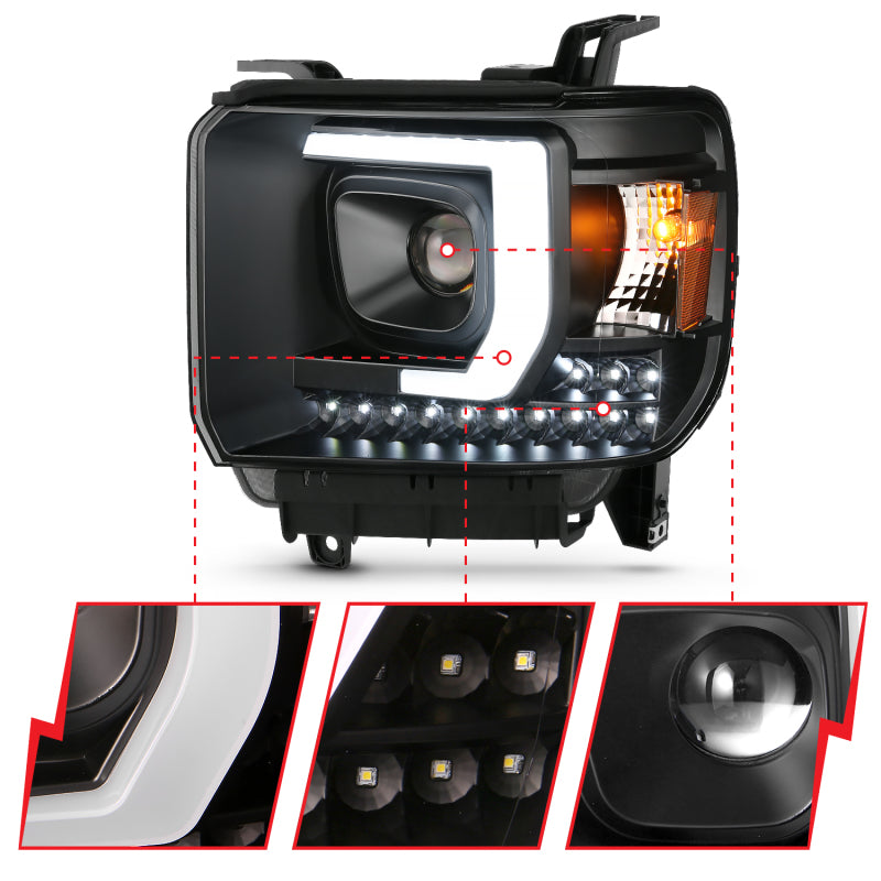 ANZO 2014-2015 GMC Sierra 1500HD Projector Plank Style Headlight Black W/ DRL - Burkken Auto Parts