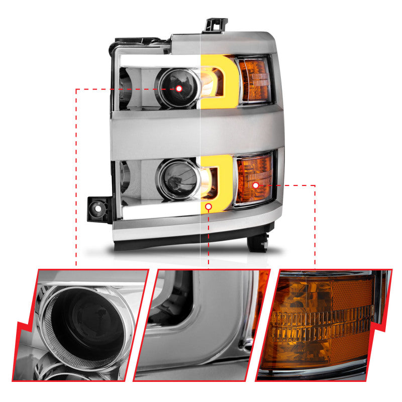 ANZO Projector Headlights 15-17 Chevrolet Silverado 2500HD / 3500HD Chrome w/ Chrome Rim - Burkken Auto Parts