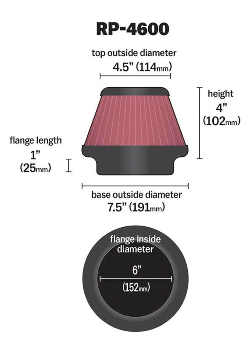 K&N Universal Round Tapered Carbon Fiber Air Filter 6in Flg ID Centered/7.5in B OD/4.5in T OD/4in H - Burkken Auto Parts