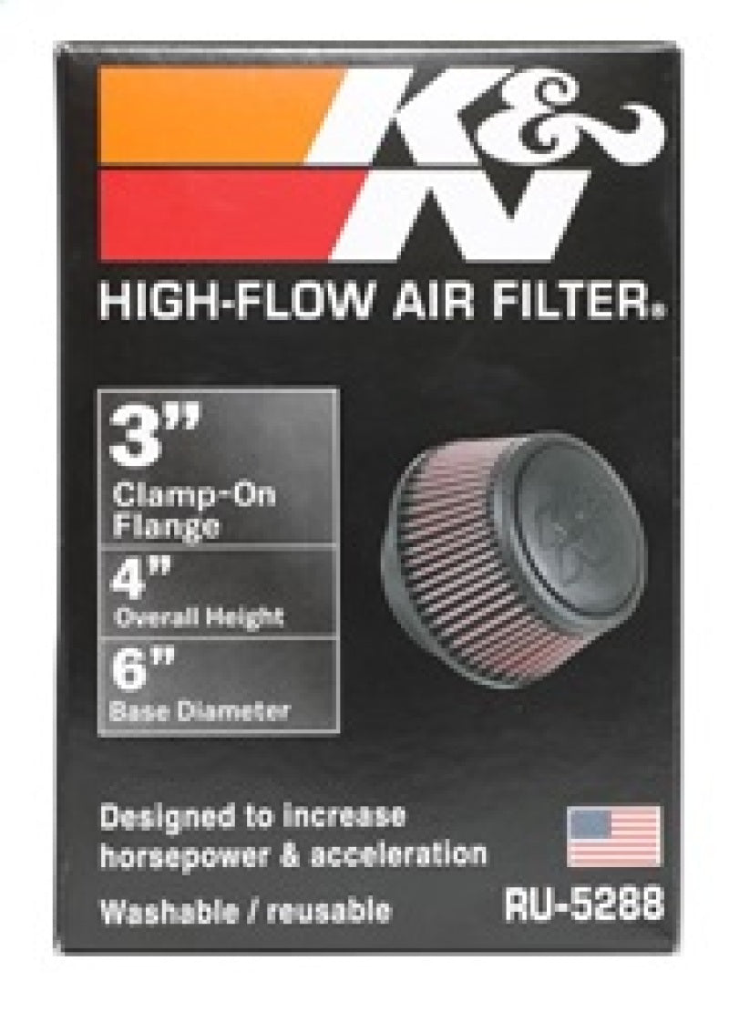 K&N Universal Round Clamp-On Air Filter 3in Flange ID x 6in Base OD x 4.625in Top OD x 3in Height - Burkken Auto Parts