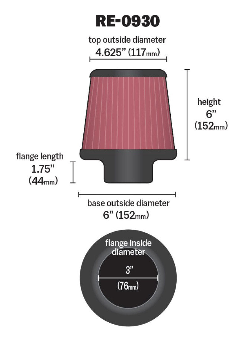 K&N Universal Rubber Filter - Round Tapered 6in Base OD x 3in Flange ID x 6in H - Burkken Auto Parts