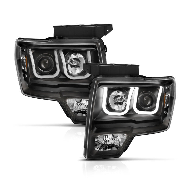 ANZO 2009-2014 Ford F-150 Projector Headlights w/ U-Bar Switchback Black w/ Amber - Burkken Auto Parts