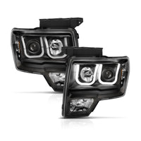 ANZO 2009-2014 Ford F-150 Projector Headlights w/ U-Bar Switchback Black w/ Amber - Burkken Auto Parts