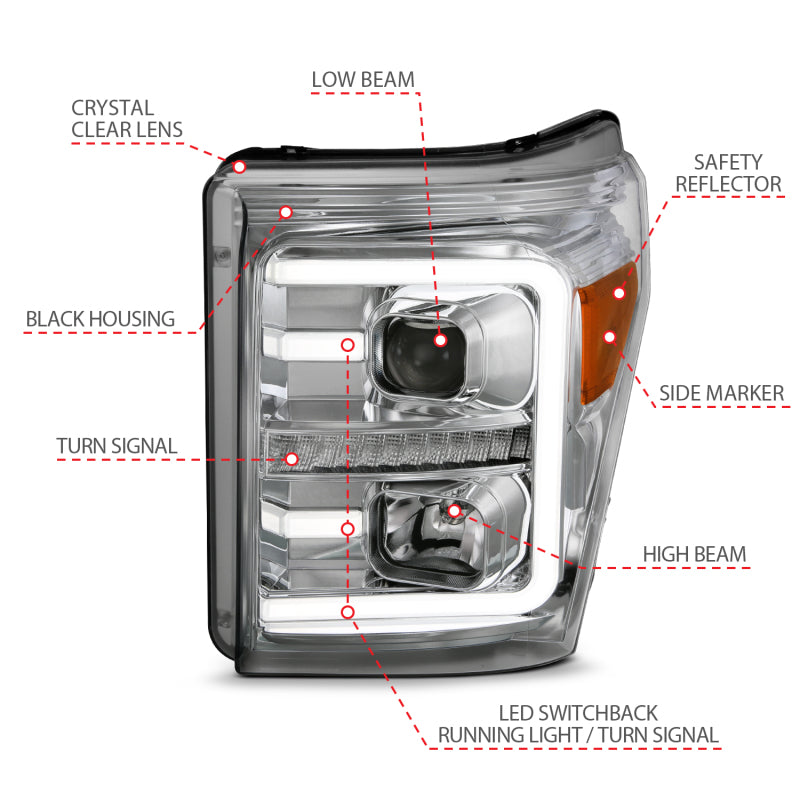 ANZO 11-16 Ford F-250/F-350/F-450 Projector Headlights w/ Plank Style Switchback Chrome w/Amber - Burkken Auto Parts