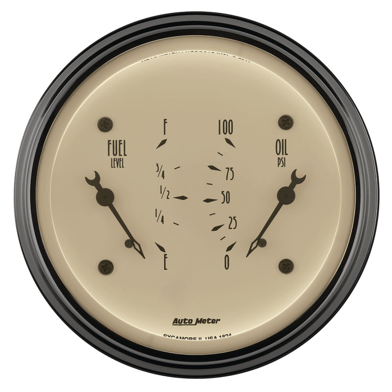 AutoMeter Gauge Dual Fuel & Oilp 3-3/8in. 0 Ohm(e) to 90 Ohm(f)& 100PSI Elec Antq Beige - Burkken Auto Parts
