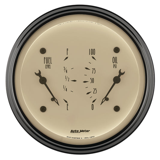 AutoMeter Gauge Dual Fuel & Oilp 3-3/8in. 0 Ohm(e) to 90 Ohm(f)& 100PSI Elec Antique Beige
