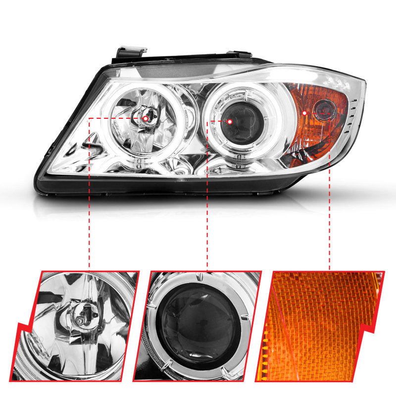ANZO 2006-2008 BMW 3 Series E90-E91 Projector Headlights w/ Halo w/ LED Bar Chrome (CCFL) - Burkken Auto Parts