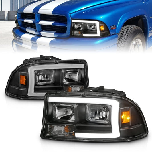 ANZO 97-04 Dodge Dakota/Durango Crystal headlight Set w/ Light Bar Black Housing - Burkken Auto Parts