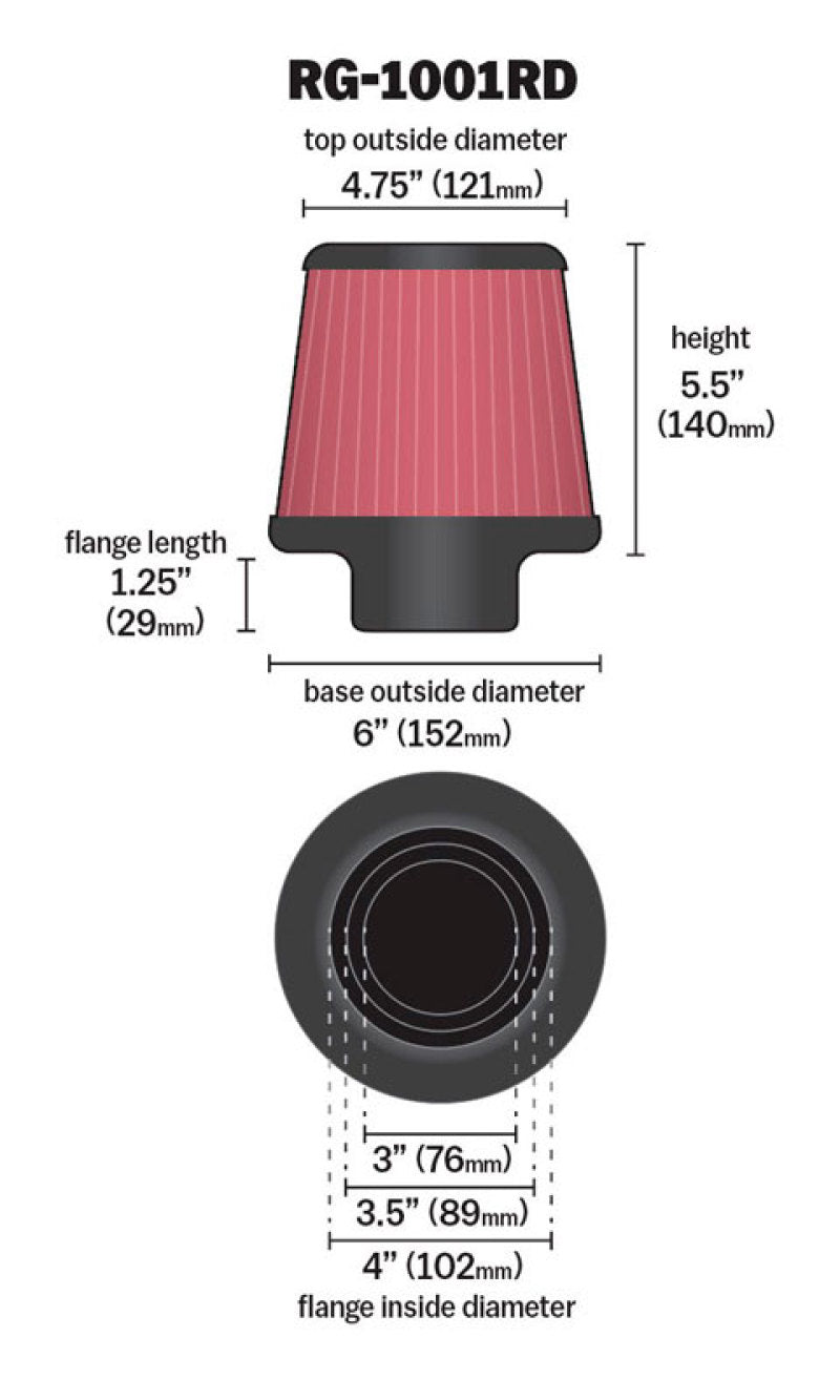 K&N Universal Air Filter Chrome Round Tapered Red - 4in Flange ID x 1.125in Flange Length x 5.5in H - Burkken Auto Parts