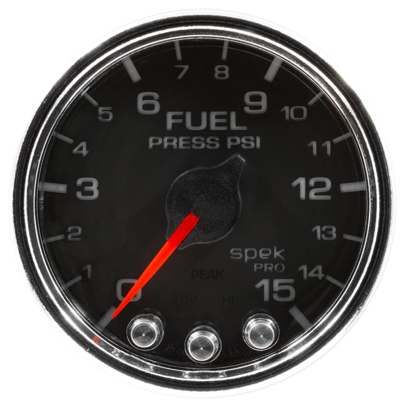 Autometer Spek-Pro Gauge Fuel Press 2 1/16in 15psi Stepper Motor W/Peak & Warn Blk/Chrm - Burkken Auto Parts