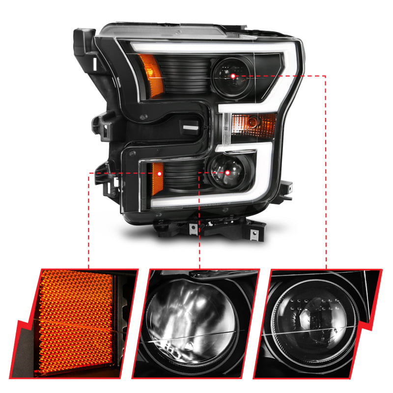 ANZO 2015-2017 Ford F-150 Projector Headlights w/ Plank Style Switchback Black w/ Amber - Burkken Auto Parts