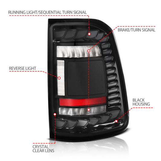 ANZO 19-24 RAM 1500 (Factory Halogen Models) Full LED Tail Lights SeqSig Black - Pair