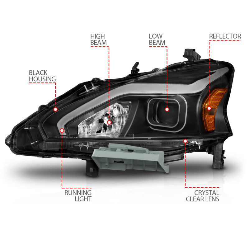 ANZO 13-15 Nissan Altima (w/o Factory HID Bulbs) Projector Headlights - w/ Light Bar Black Housing - Burkken Auto Parts