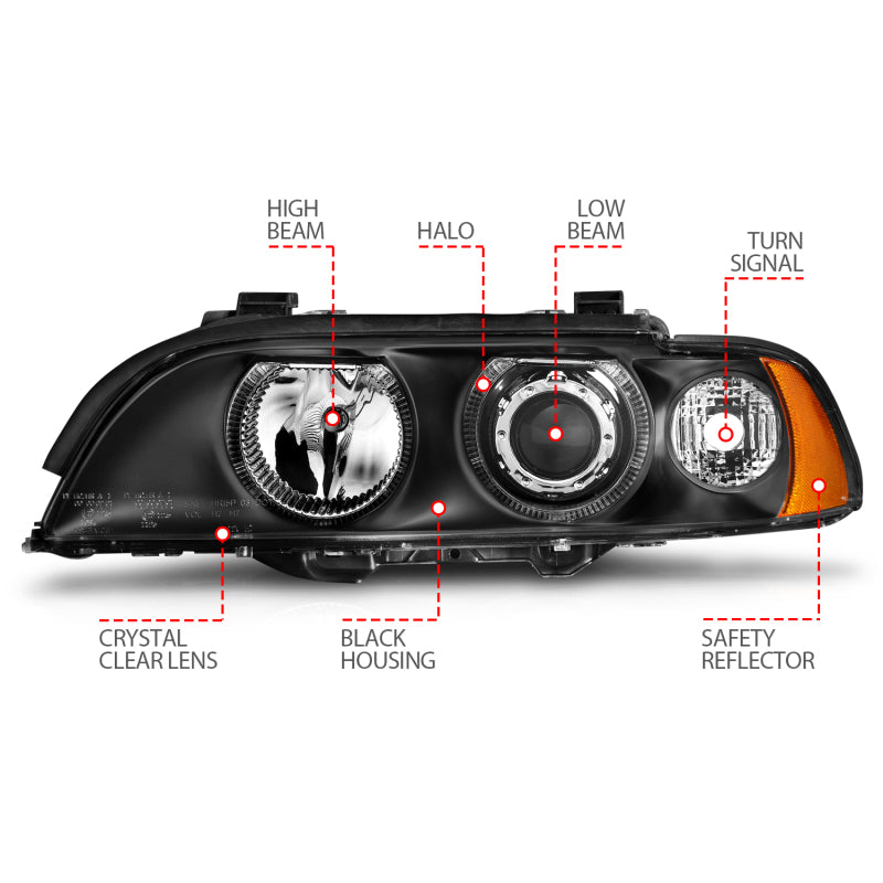 ANZO 1997-2001 BMW 5 Series Projector Headlights w/ Halo Black - Burkken Auto Parts