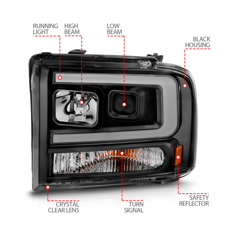 ANZO 99-04 Ford F250/F350/F450/Excursion (excl 99) Projector Headlights - w/ Light Bar Black Housing - Burkken Auto Parts
