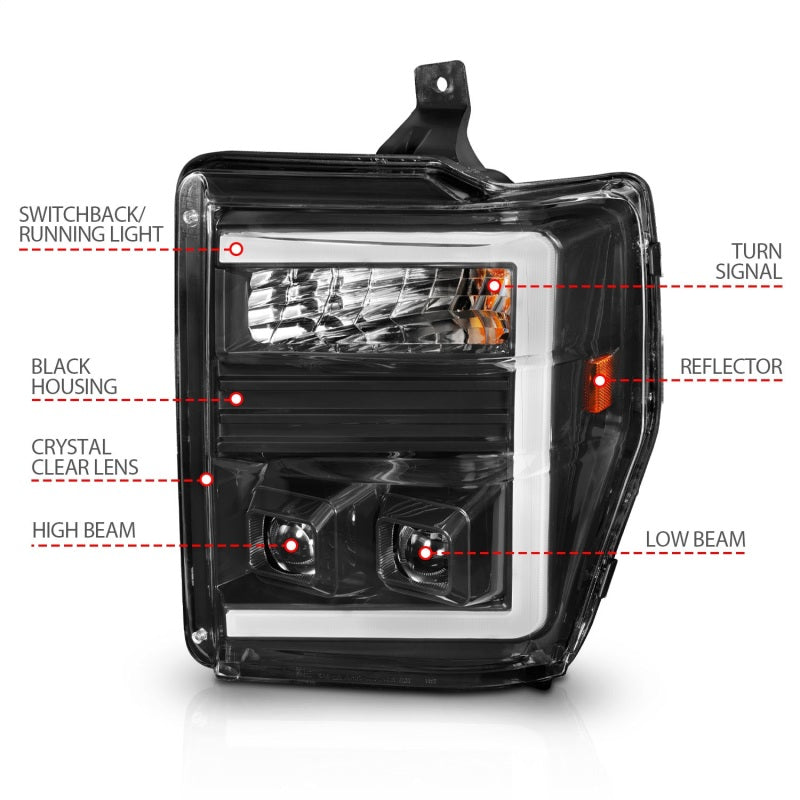 ANZO 08-10 Ford F-250 - F-550 Super Duty Projector Headlights w/ Light Bar Switchback Black Housing - Burkken Auto Parts