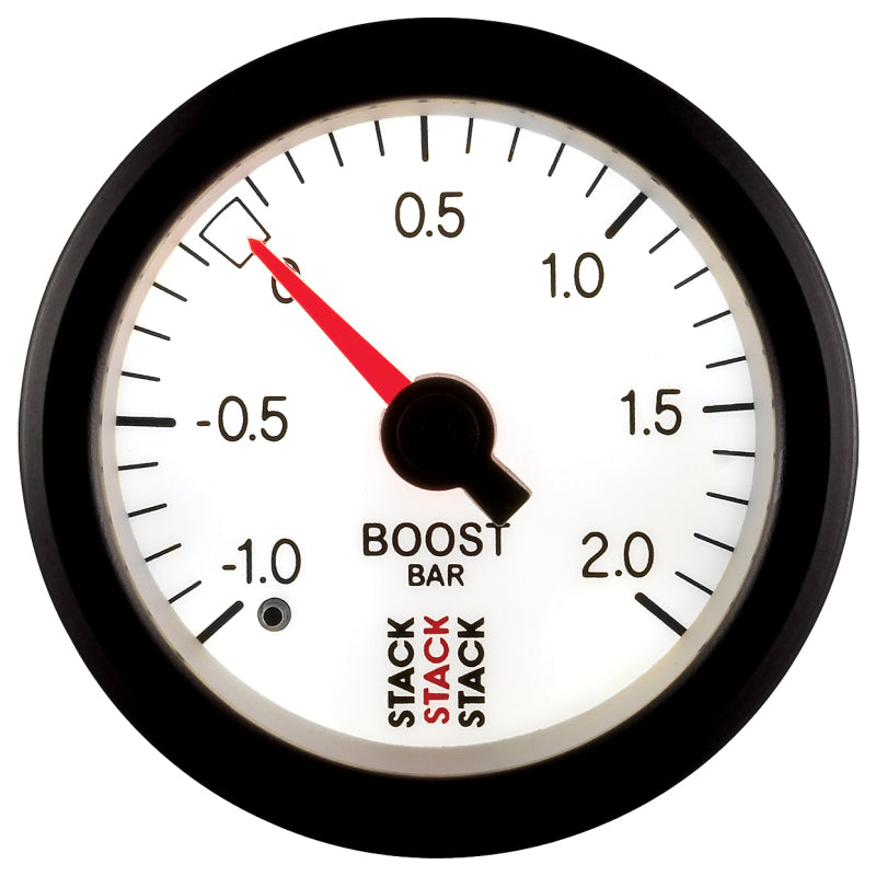 Autometer Stack 52mm -1 to +2 Bar T-Fitting 0.187in Barb (M) Mechanical Boost Pressure Gauge - White - Burkken Auto Parts