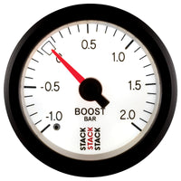 Autometer Stack 52mm -1 to +2 Bar T-Fitting 0.187in Barb (M) Mechanical Boost Pressure Gauge - White - Burkken Auto Parts