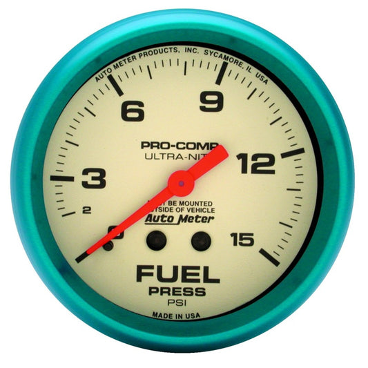 AutoMeter Gauge Fuel Press 2-5/8in. 15PSI Mech. Glow In The Dark Ultra-Nite - Burkken Auto Parts