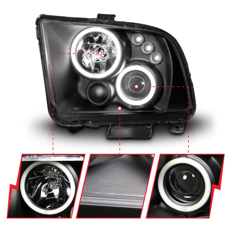 ANZO 2005-2009 Ford Mustang Projector Headlights w/ Halo Black - Burkken Auto Parts