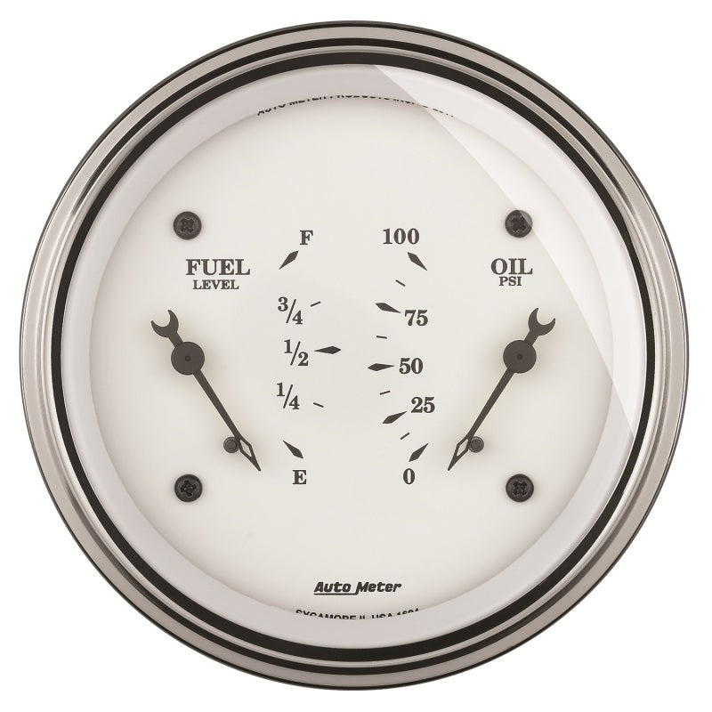 AutoMeter Gauge Dual Fuel & Oilp 3-3/8in. 240 Ohm(e) to 33 Ohm(f) & 100PSI Elec Old Tyme Wht - Burkken Auto Parts