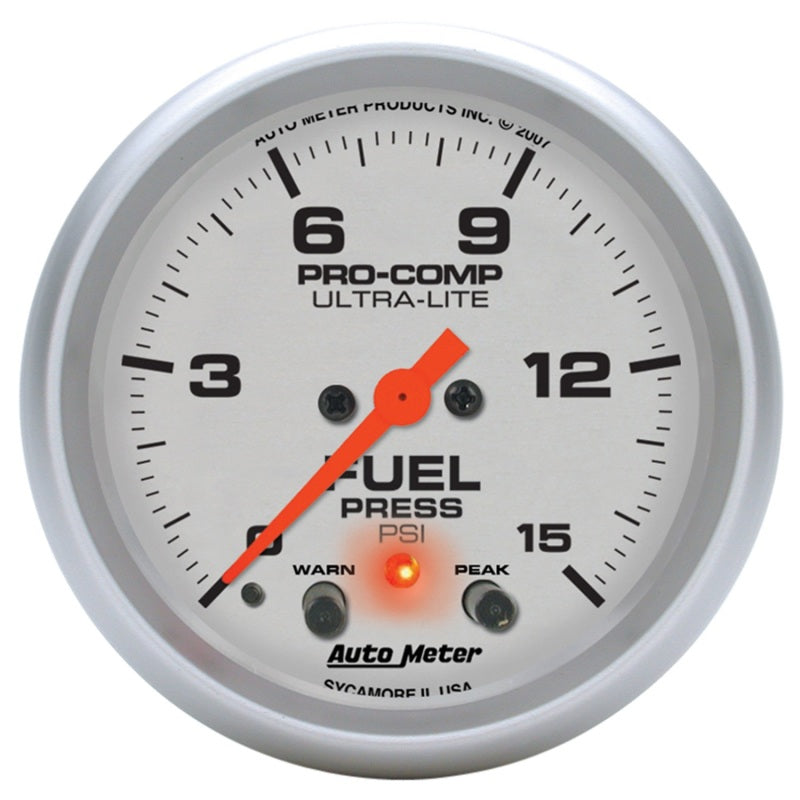 Autometer Ultra-Lite 66.7mm Full Sweep Elec 0-15 PSI Fuel Pressure w/ Peak Memory & Warning Gauge - Burkken Auto Parts