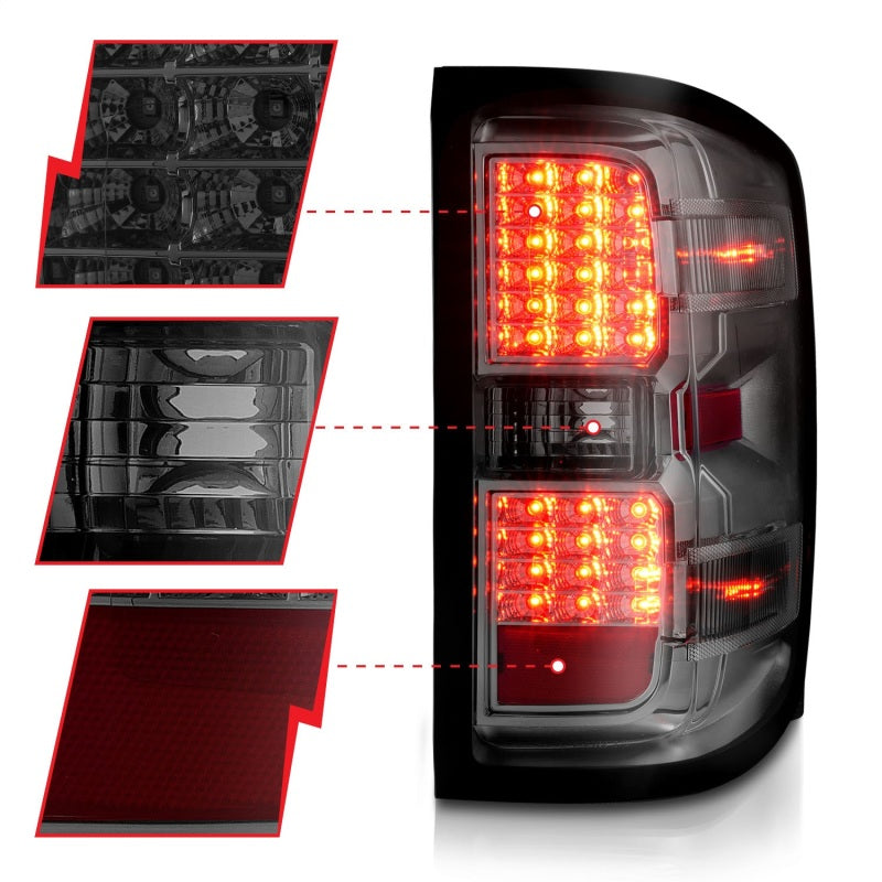 ANZO 15-19 Chevy Silverado 2500HD/3500HD (Factory Halogen Only) LED Tail Lights Smoke w/Clear Lens - Burkken Auto Parts