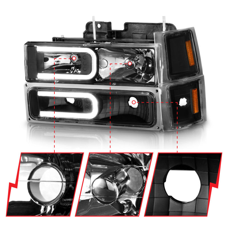 ANZO 88-98 Chevrolet C1500 Crystal Headlights w/ Light Bar Black Housing w/ Signal Side Markers 8Pcs - Burkken Auto Parts