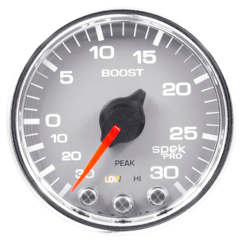 Autometer Spek-Pro Gauge Vac/Boost 2 1/16in 30Inhg-30psi Stepper Motor W/Peak & WarnSilver/Chrome - Burkken Auto Parts