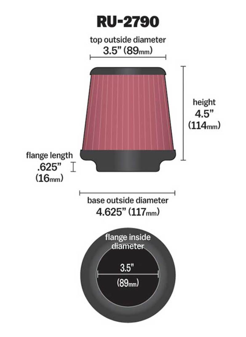 K&N Filter Universal Rubber Filter 3 1/2 inch Flange 4 5/8 inch Base 3 1/2 inch Top 4 1/2 inch Heigh - Burkken Auto Parts