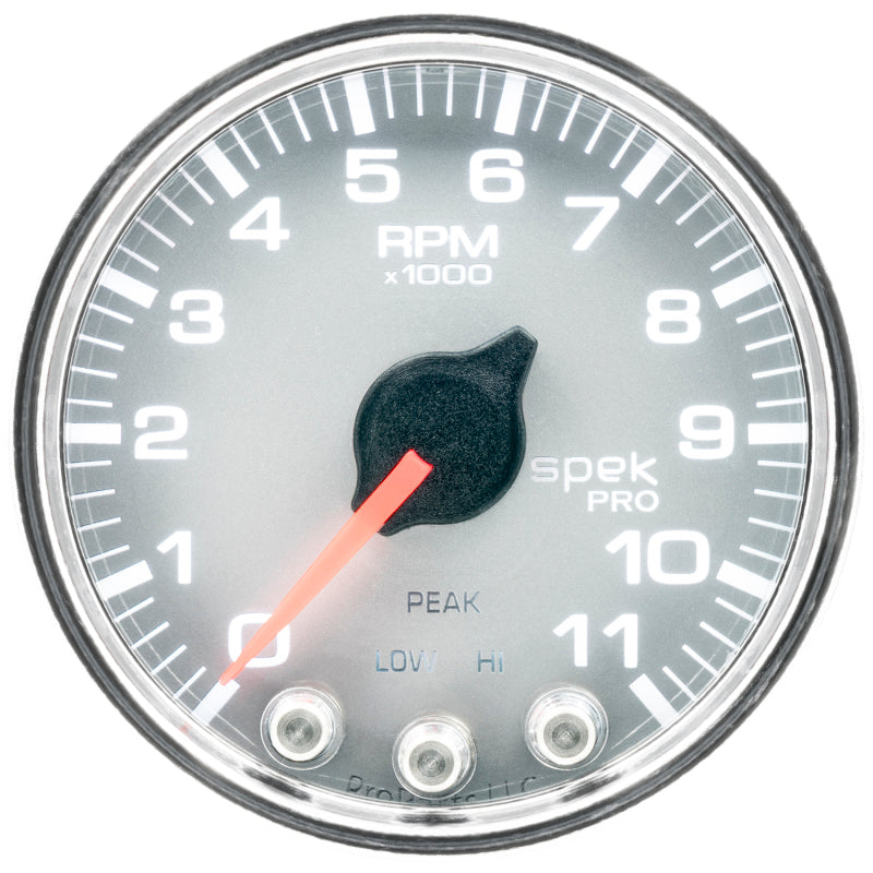 Autometer Spek-Pro Gauge Tach 2 1/16in 11K Rpm W/ Shift Light & Peak Mem Slvr/Chrm - Burkken Auto Parts